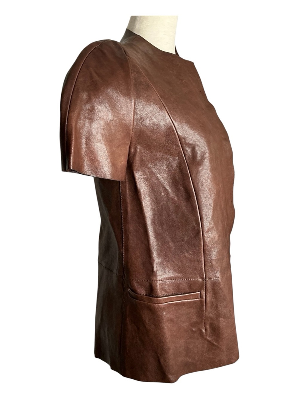 MARNI Brown Lamb Leather Short-Sleeve Jacket Asymmetrical Snap Buttons Size 38 - Picture 2 of 15
